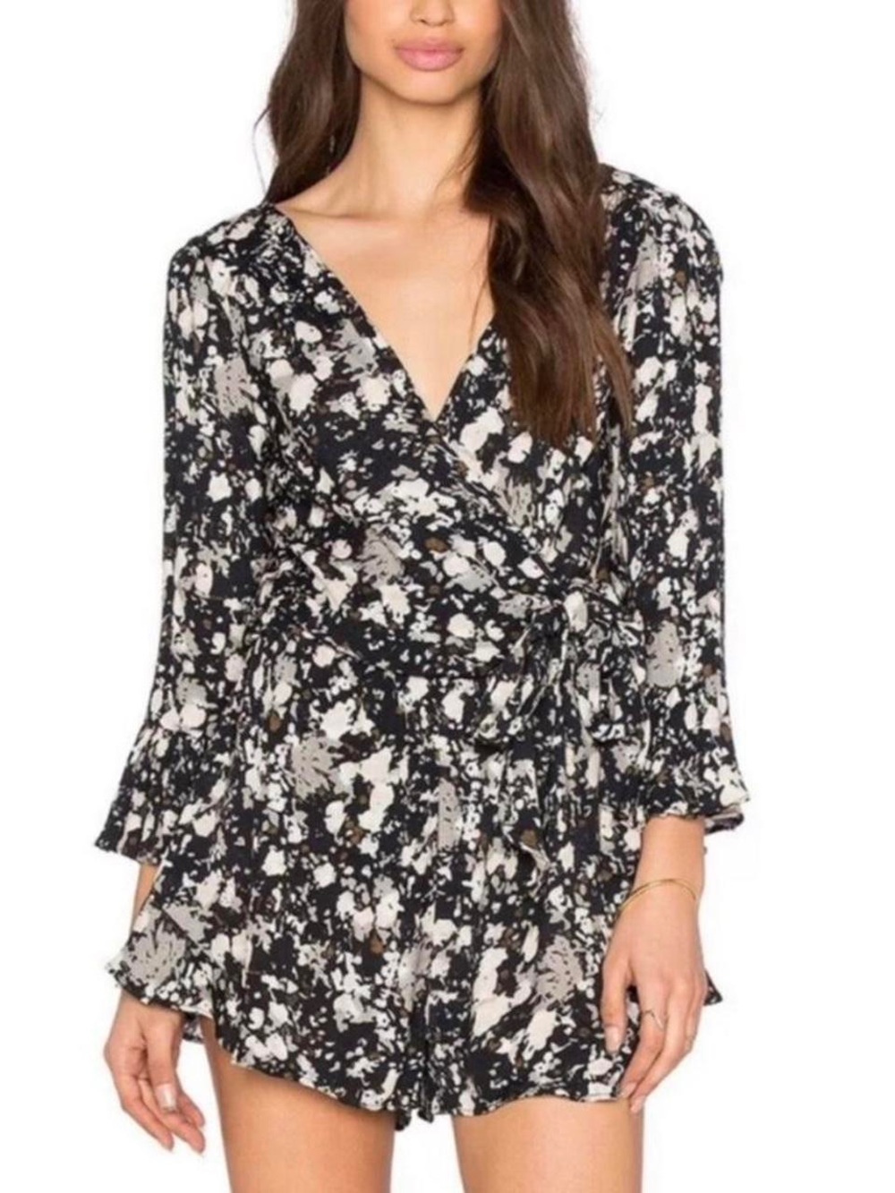 Free People Black and White Floral Wrap Romper